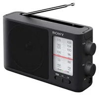 Sony ICF-506 siyah taşınabilir radyo önden görünüm, analog kadran ve teleskopik anten