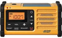 Sangean MMR-88 sarı acil durum radyosu önden görünüm, güneş paneli ve WX uyarı tuşu