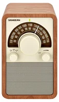 Sangean WR-15 ceviz ahşap masaüstü radyo önden görünüm, krem panel