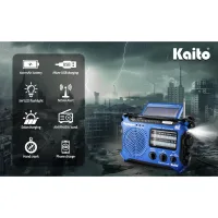 Kaito KA500 mavi radyonun özellikleri: 600 mAh pil, micro-USB şarj, LED fener, NOAA uyarısı ve telefon şarjı
