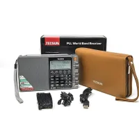 Tecsun PL-880 kutusu, deri kılıf, kulaklık ve USB kablosu