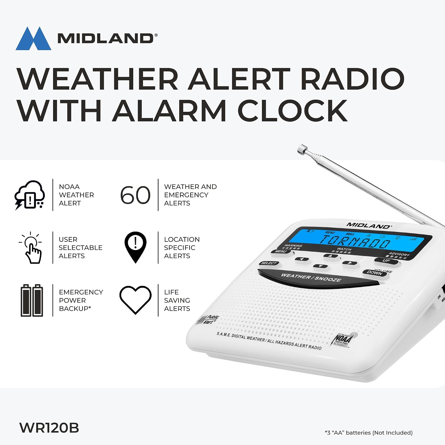Midland WR120B özellik tablosu – 80+ uyarı, acil güç yedeklemesi